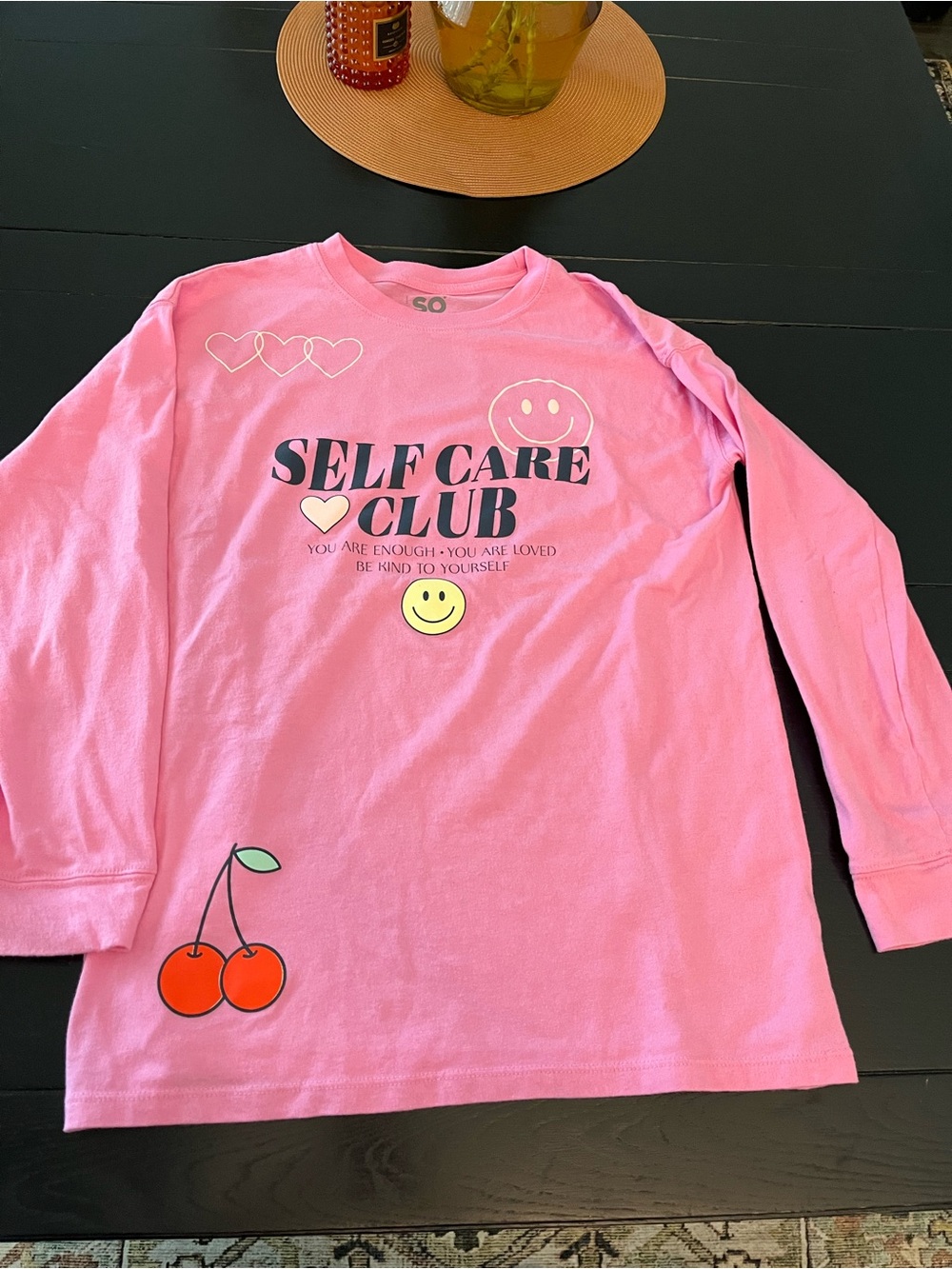 SO Pink "Self Care Club" Long-Sleeve Tee with Cherry Graphic